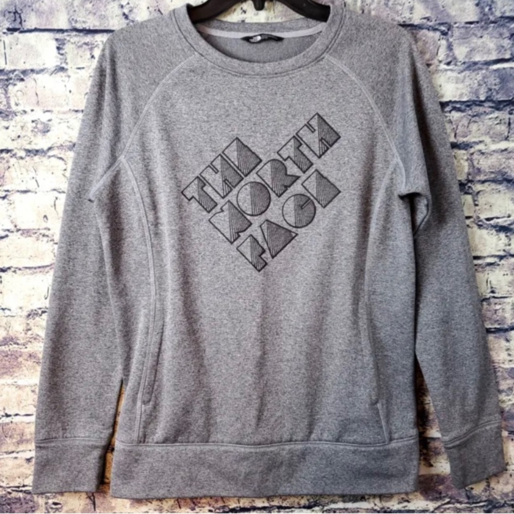 The North Face Women's Gray Black Logo Print Pocketed Sweatshirt Size M